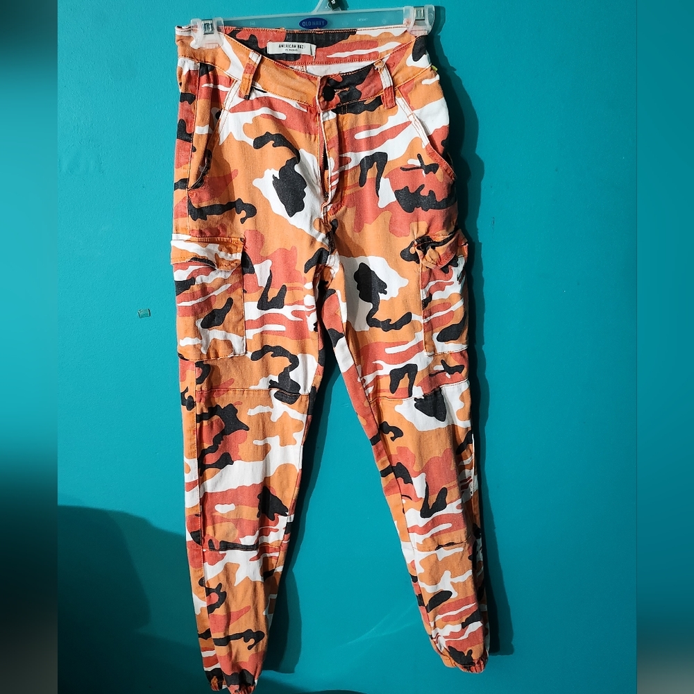 Orange and white fitted camo pants